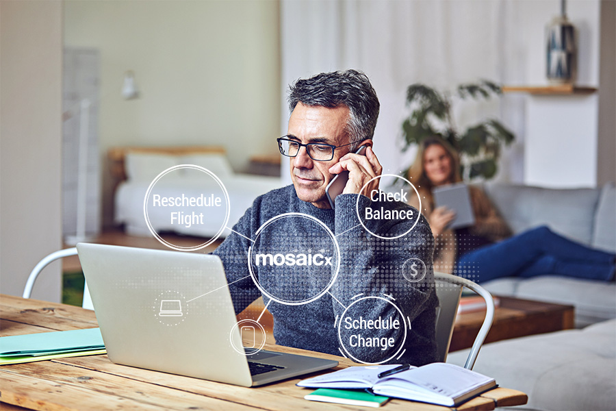 Man at desk on phone with graphic