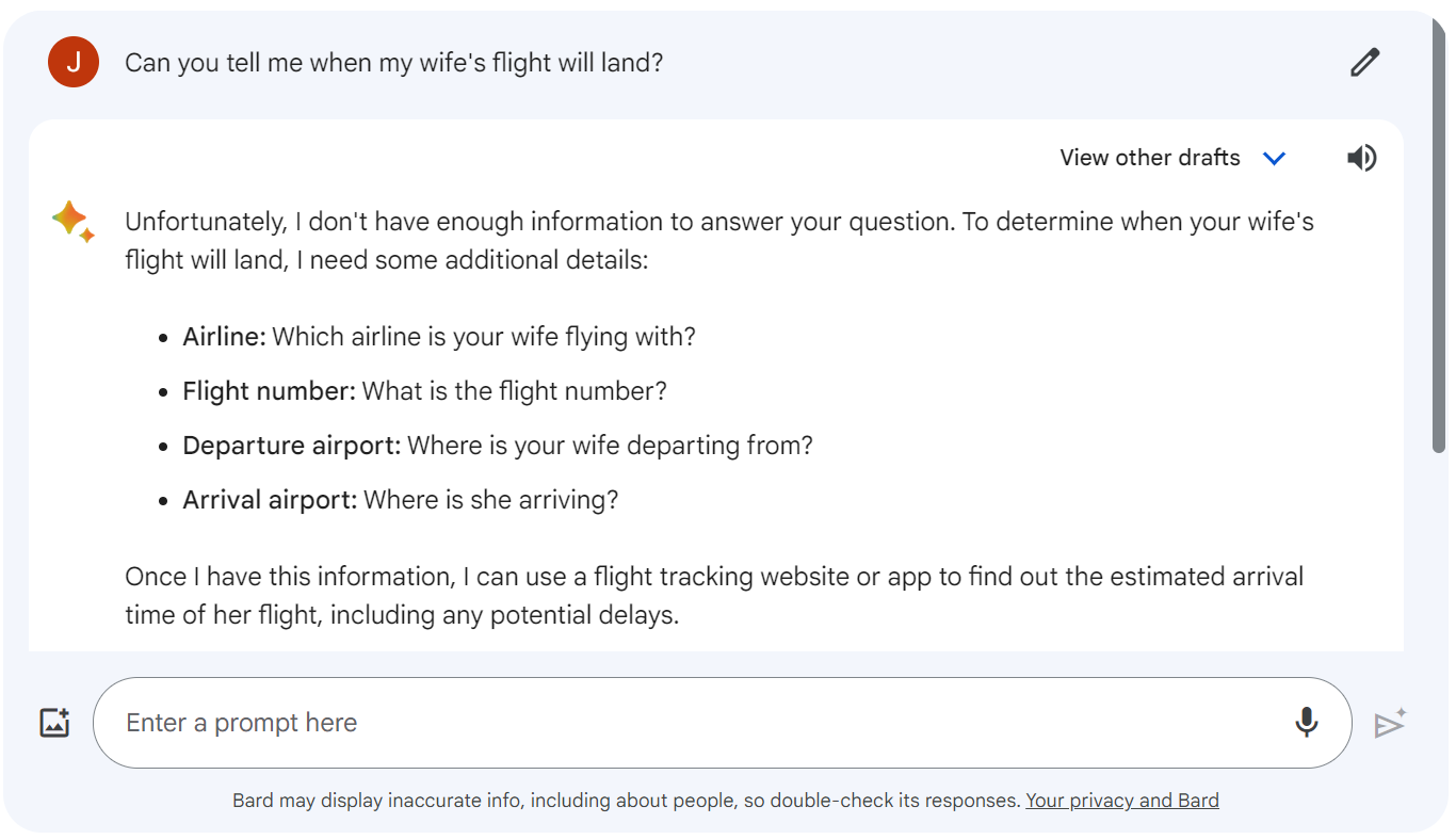 Screenshot of an interaction with Google Bard about flight information. This illustrates the combination of generative AI and conversational AI.