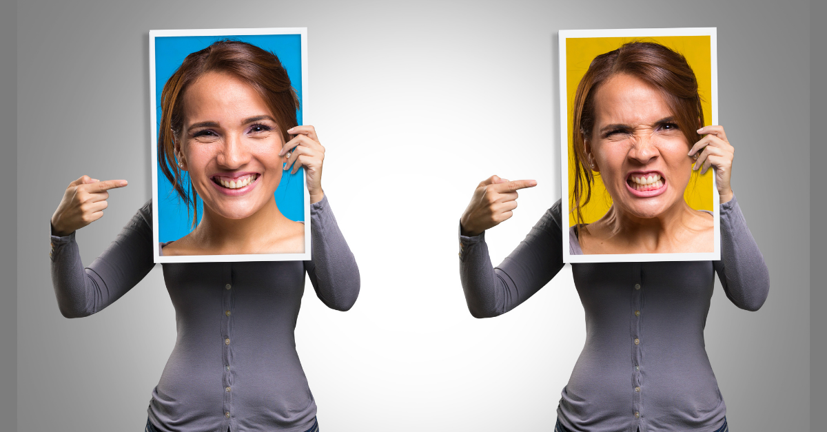 Images of a woman holding two headshots, one smiling and frowning, showing the difference between companies who fail to identify customer experience myths vs. those that understand the truth about customer experience.