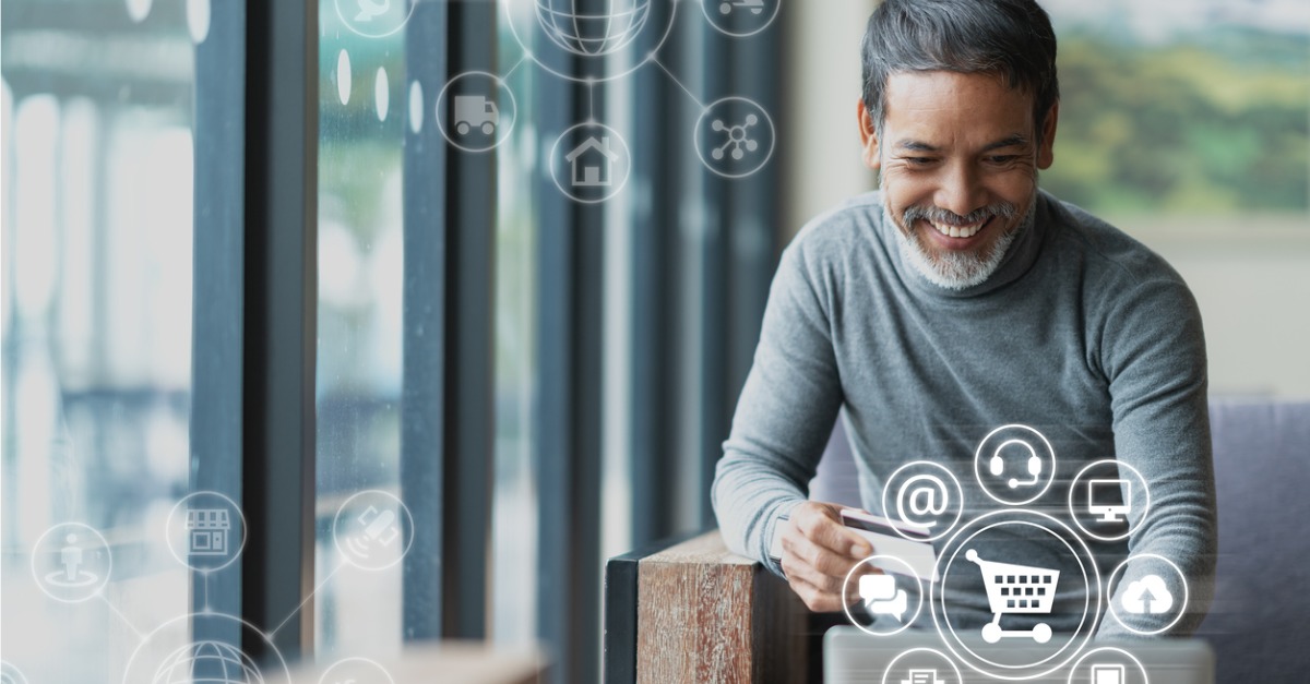 A photo with graphic overlays showing a man holding a credit card, shopping, and receiving retail customer service.