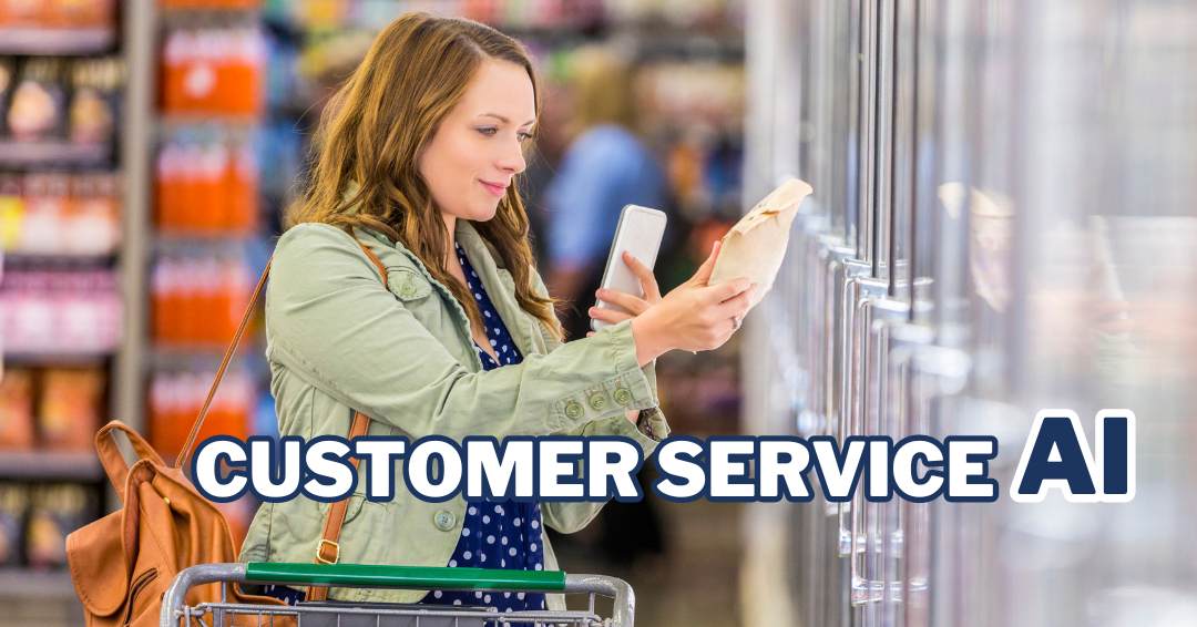 A woman receives customer service on her phone while shopping in a grocery store, engaging with AI customer support tools.