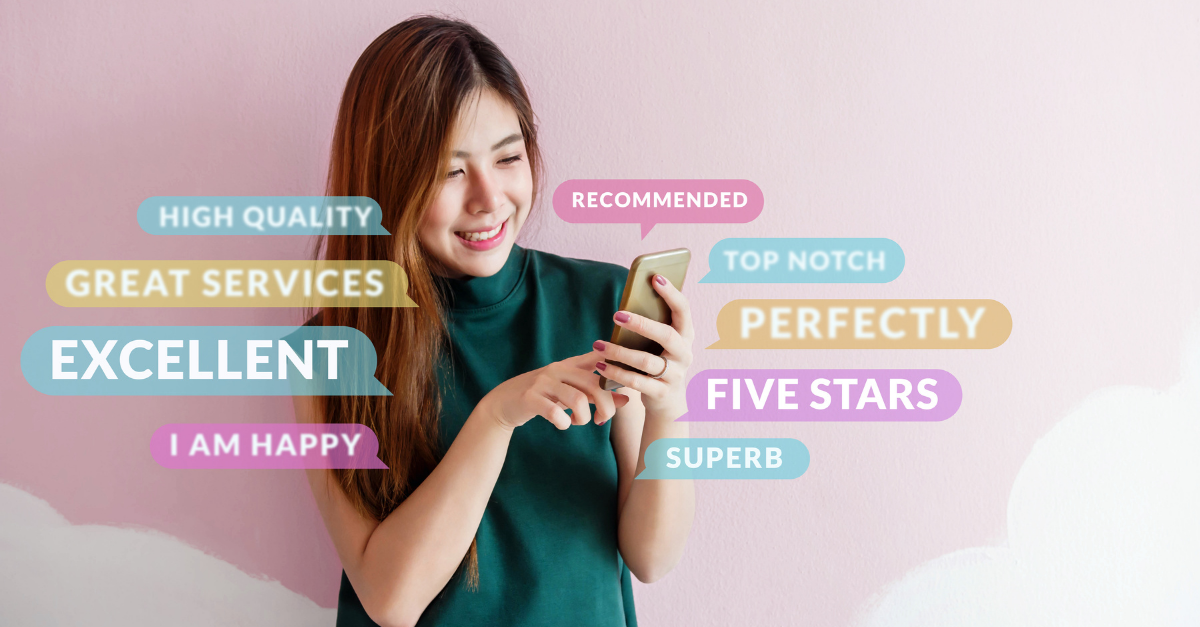 Photo of a woman looking at her phone, surrounded by positive messages representing customer trust.