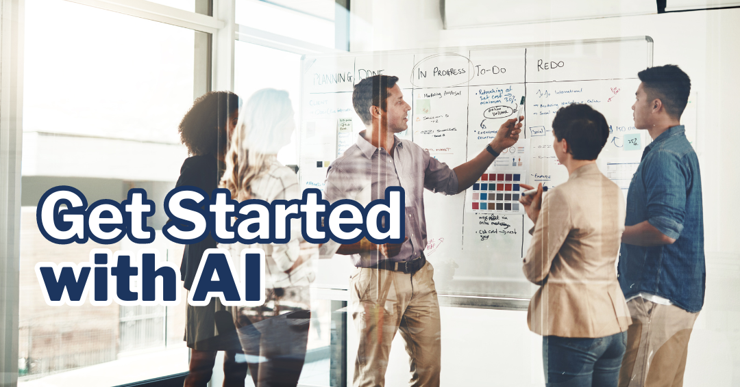 Image of a group of people preparing for an AI implementation, overlaid with text that says 