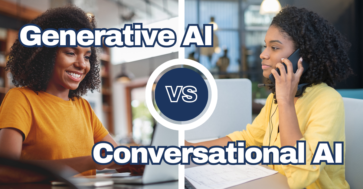 Images of two women using a computer and talking on the phone, representing the difference between generative AI vs. conversational AI