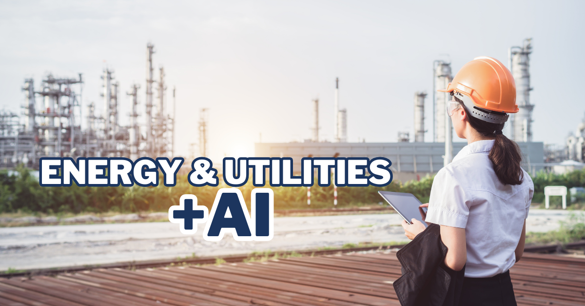 An energy worker looks out at utilities infrastructure while holding a tablet, representing the growing use of AI in the energy and utilities industry.