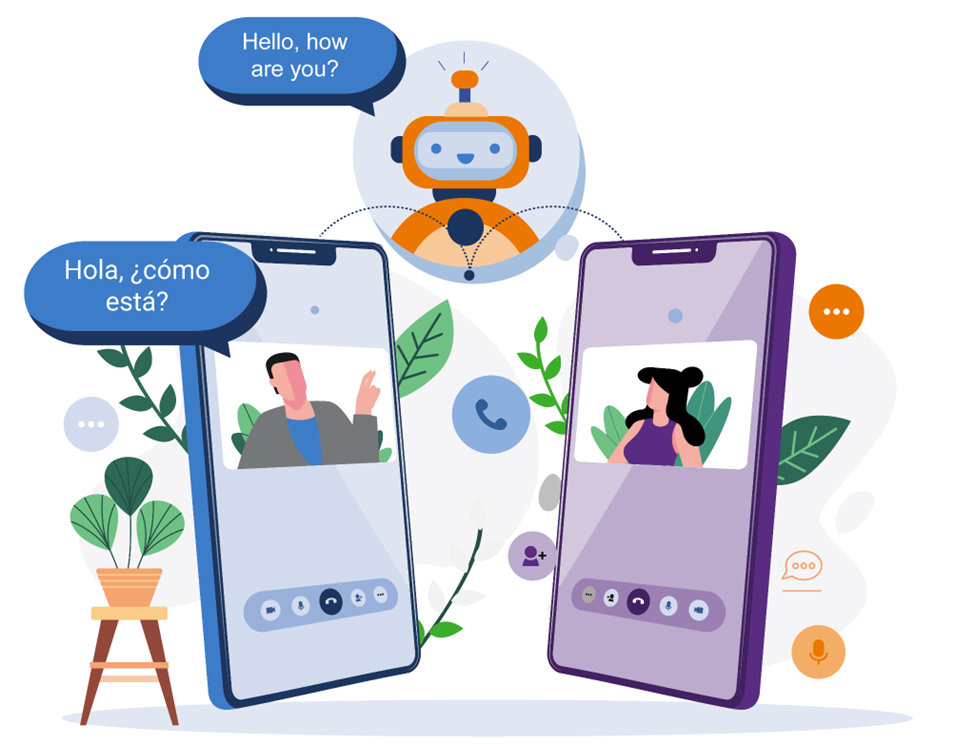 Graphic showing a bot speaking in english and a man on a smartphone speaking in spanish